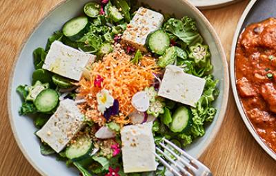 Platos de la India, incluyendo una ensalada con tofu.